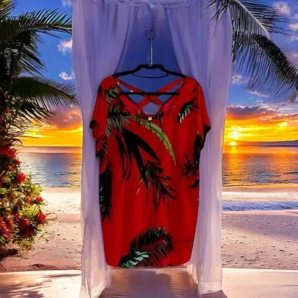 Emerald Tunic top Tropical strappy back Red. Size 2X Like new. Super cute - Picture 2 of 4